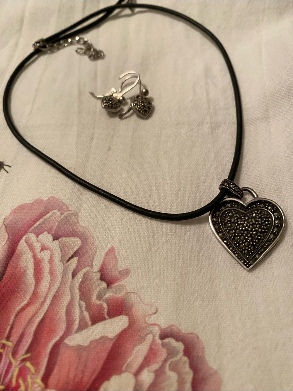 Judith Jack sterling silver marcasite heart necklace and matching earrings